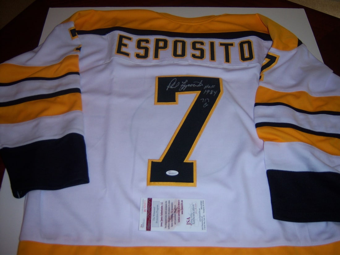 Signed Phil Esposito Boston Bruins Jersey With JSA Authentication HOF 1984 717 Goals: Signed Phil Esposito Boston Bruins Jersey With JSA Authentication HOF 1984 717 Goals This is a pre-owned Boston Bruins jersey signed by Phil Esposito, a Hockey Hall of Fame inductee in 1984 and scorer