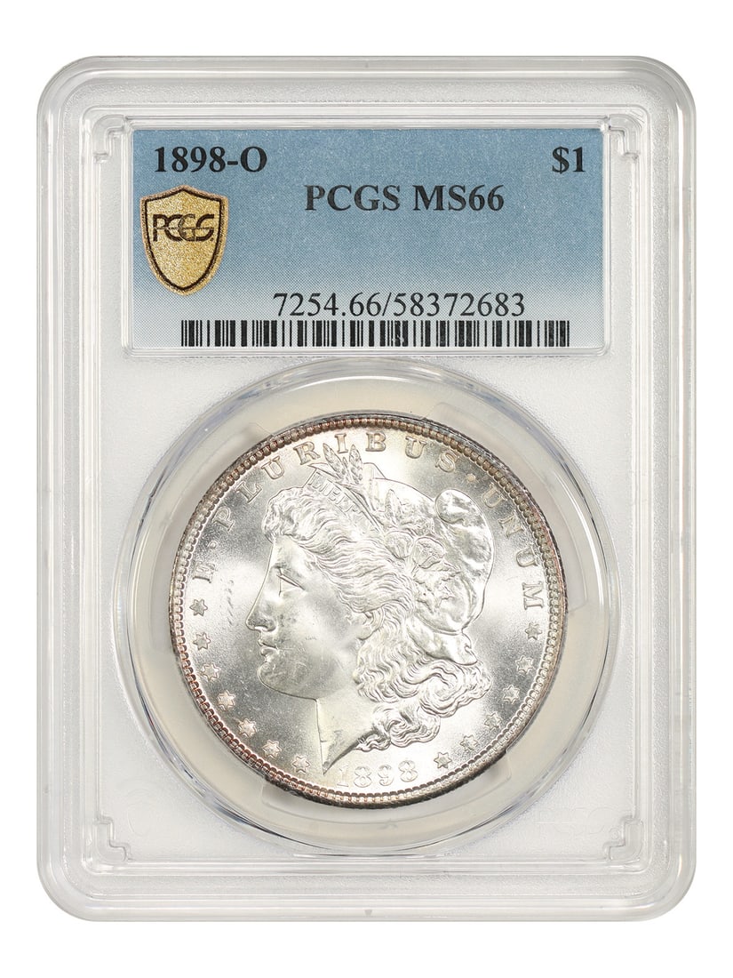 PCGS MS66 1898 O Morgan Dollar $1 New Orleans Mint: PCGS MS66 1898 O Morgan Dollar $1 New Orleans Mint 1898-O Morgan Dollar $1 from the New Orleans Mint, certified by PCGS and graded MS66. This uncirculated coin is a popular O-mint issue and is describ