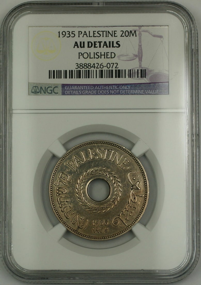 NGC AU Details Palestine 1935 20 Mils Polished Coin: NGC AU Details Palestine 1935 20 Mils Polished Coin This 1935 Palestine 20 Mils coin has been certified by NGC with an AU Details (About Uncirculated) grade and is noted as having been polished. The c