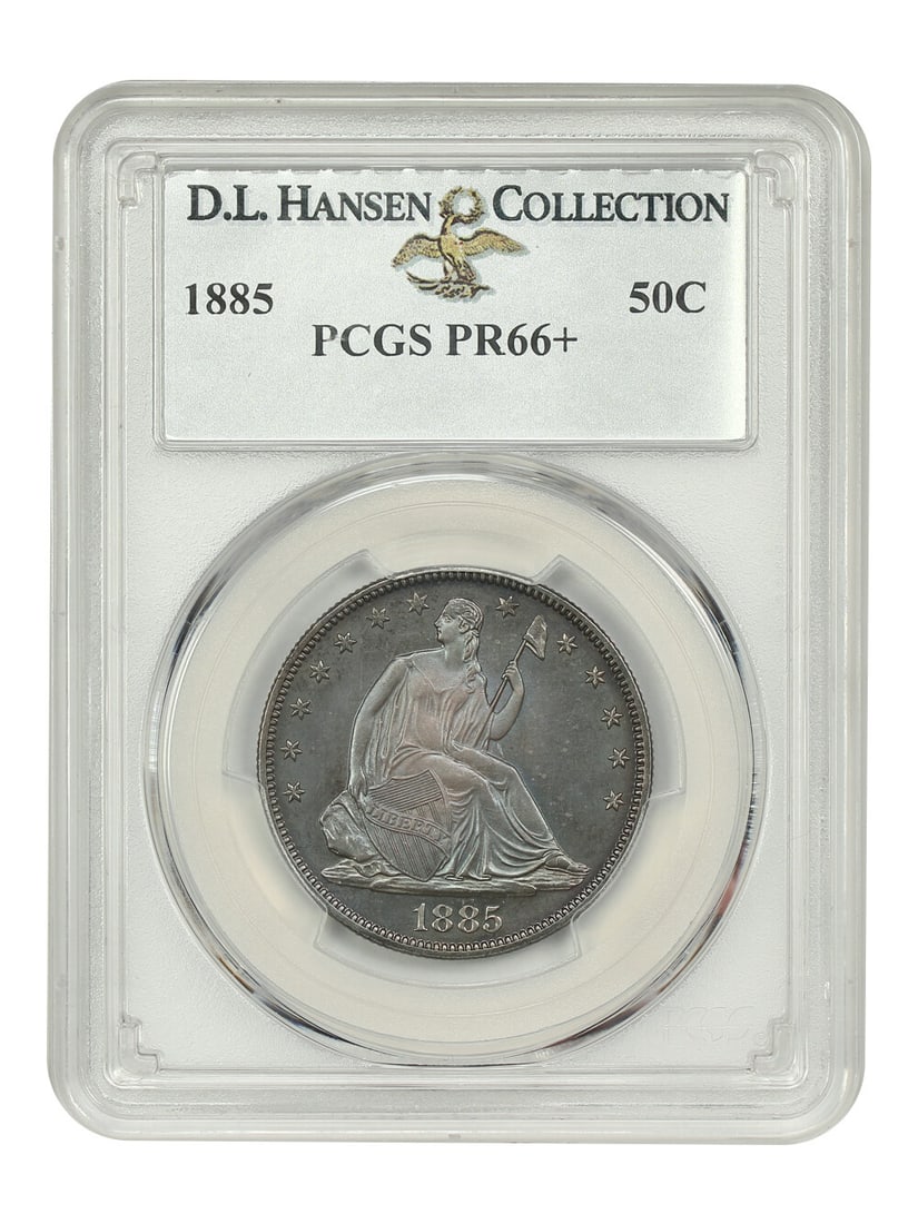 1885 Liberty Seated Half Dollar 50C PCGS PR66+ ex D.L. Hansen: 1885 Liberty Seated Half Dollar 50C PCGS PR66+ ex D.L. Hansen This 1885 Liberty Seated Half Dollar is graded PR66+ by PCGS and is certified as an uncirculated proof from the Philadelphia Mint. The coi