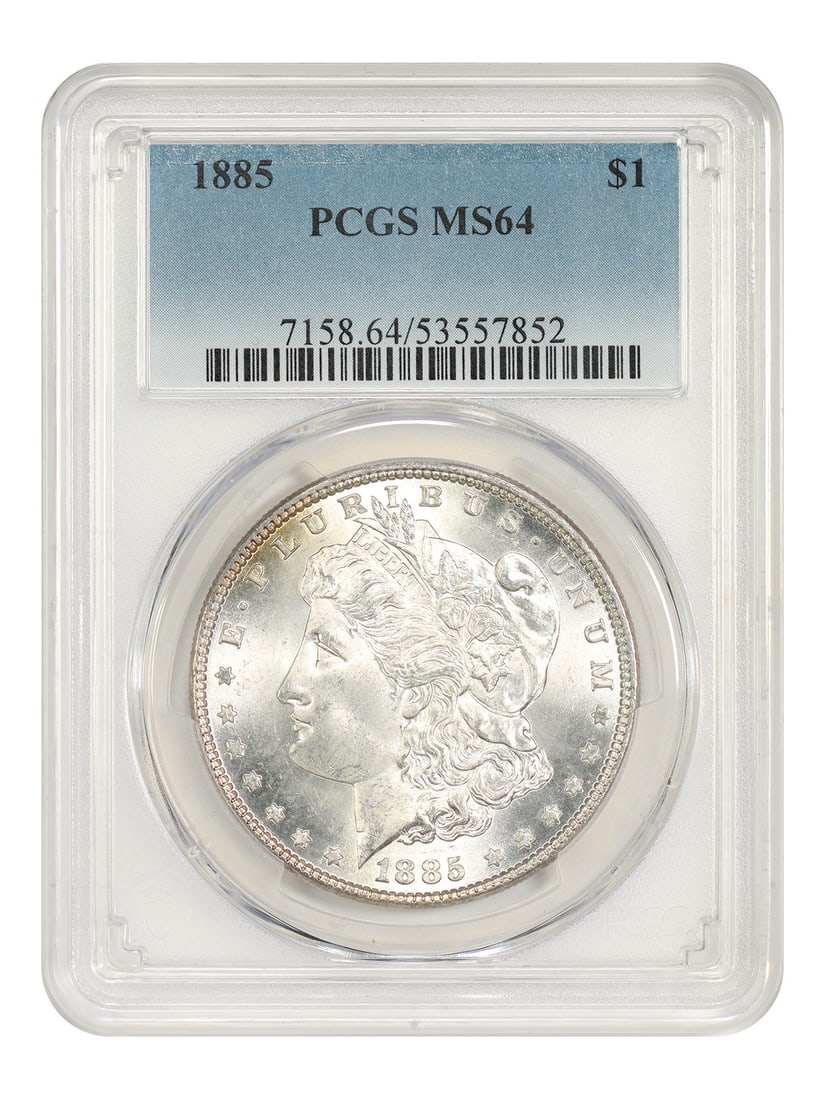 1885 Morgan Dollar $1 PCGS MS64 Philadelphia Mint: 1885 Morgan Dollar $1 PCGS MS64 Philadelphia Mint 1885 Morgan Dollar $1 certified by PCGS and graded MS64. This uncirculated Philadelphia Mint issue is a popular collector date and is described as one