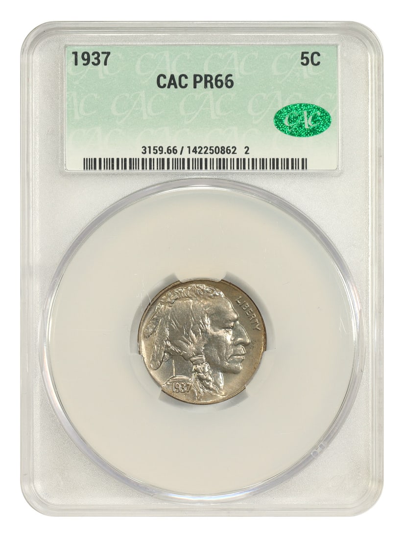 CACG PR66 1937 Buffalo Nickel 5C Philadelphia Proof: CACG PR66 1937 Buffalo Nickel 5C Philadelphia Proof 1937 5C Buffalo Nickel certified by CACG with a PR66 grade. Struck in Philadelphia and listed as uncirculated, this proof issue is described as the 