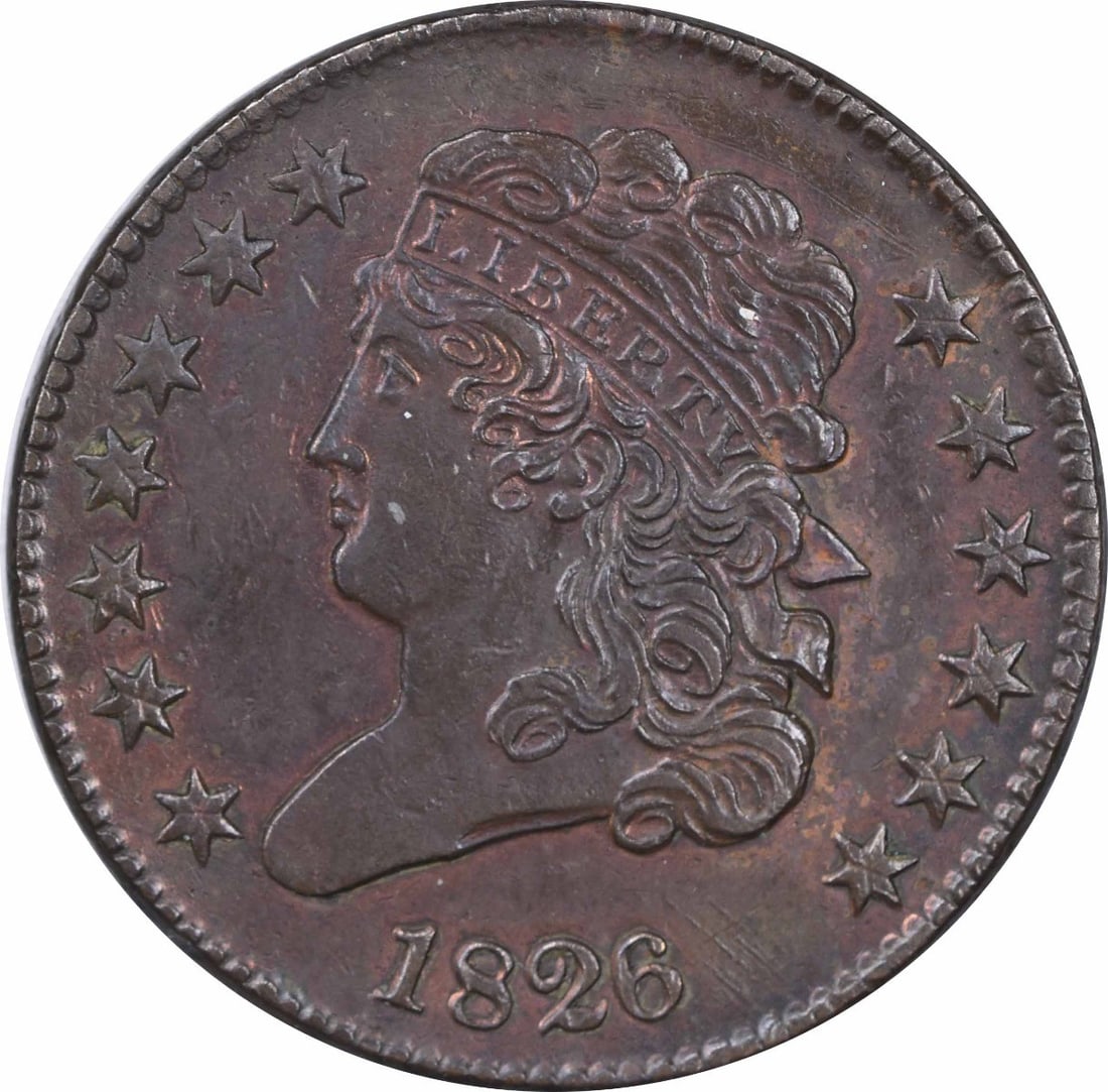 1826 Classic Head Half Cent Copper Coin AU Grade Uncertified: 1826 Classic Head Half Cent Copper Coin AU Grade Uncertified This 1826 Classic Head Half Cent from the United States was minted in Philadelphia and features the design by John Reich. Composed of coppe