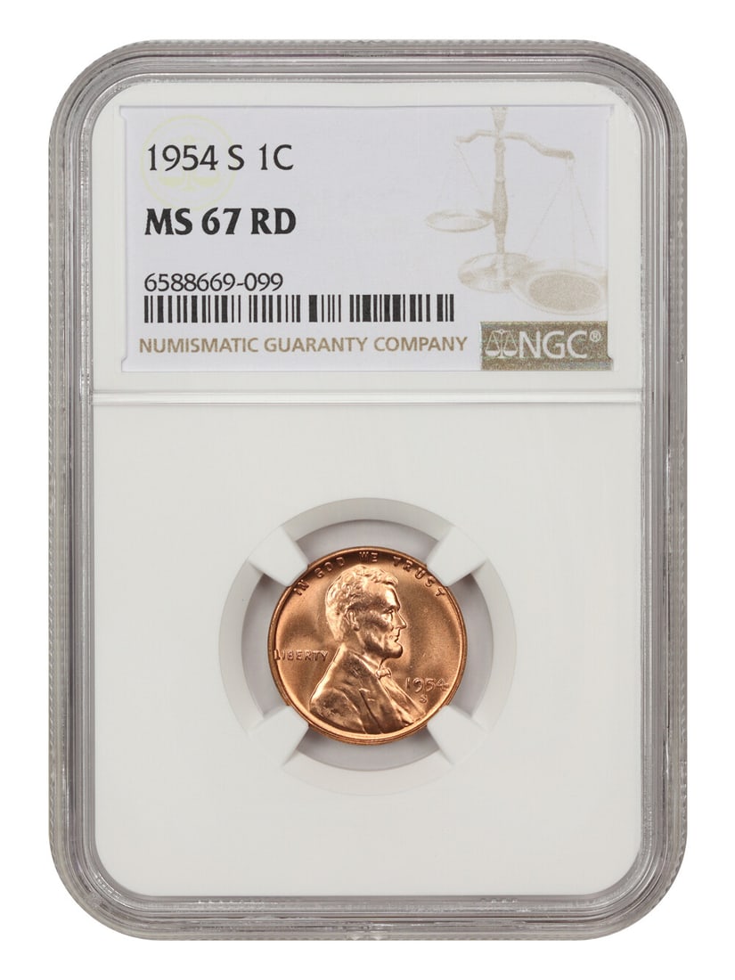 1954-S Lincoln Cent NGC MS67 RD Blazing Red Gem: 1954-S Lincoln Cent NGC MS67 RD Blazing Red Gem This 1954-S Lincoln Cent, graded MS67 RD by NGC, is an exceptional uncirculated coin showcasing a stunning blazing red hue. With its high grade designat