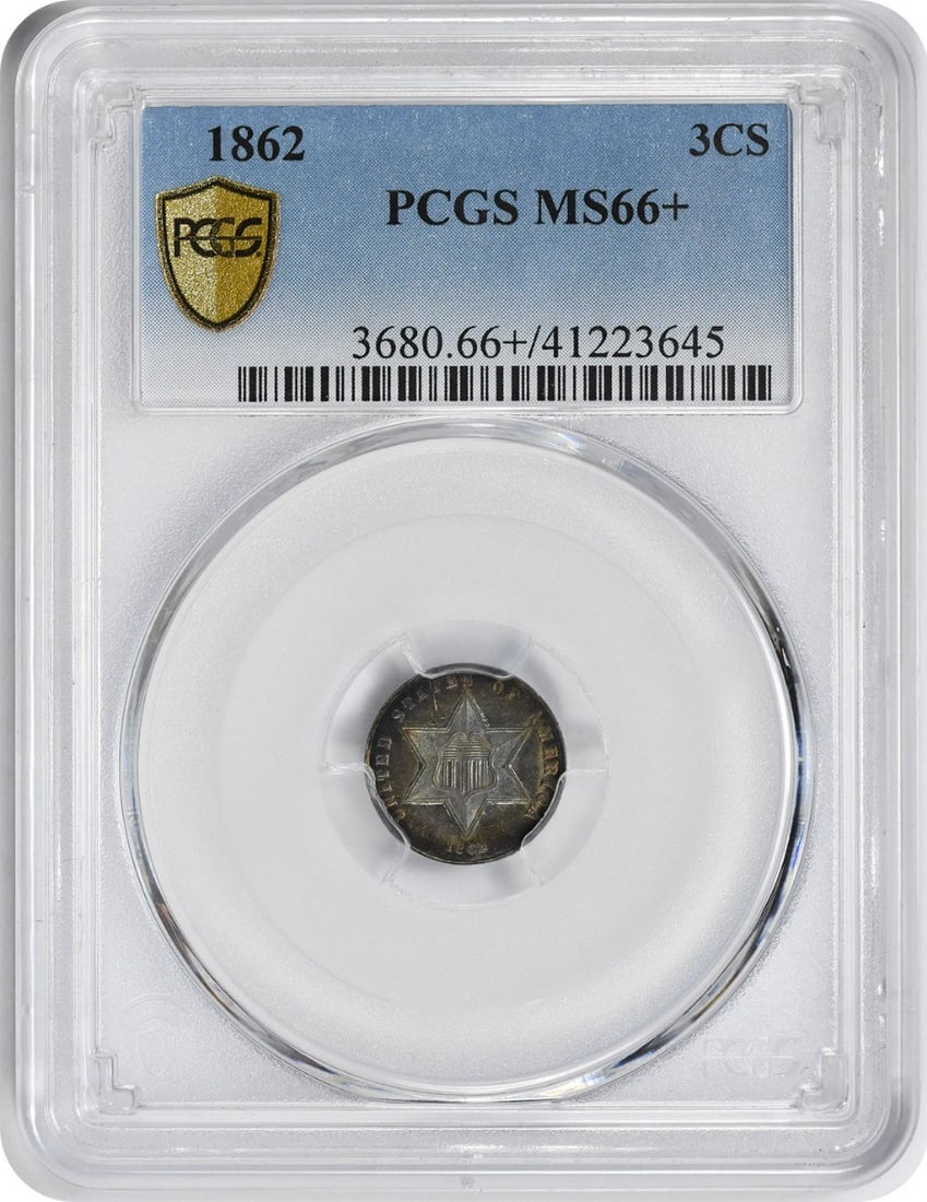 1862 Three Cent Silver Coin MS66+ PCGS Uncirculated: 1862 Three Cent Silver Coin MS66+ PCGS Uncirculated This 1862 Three Cent Silver coin, certified by PCGS, showcases an impressive MS66+ grade, indicating its exceptional quality and preservation. Struc