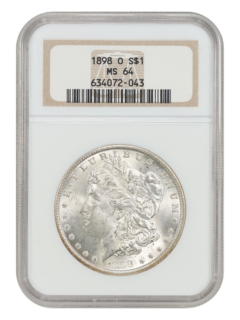 NGC MS64 1898 O Morgan Dollar $1 New Orleans Mint: NGC MS64 1898 O Morgan Dollar $1 New Orleans Mint 1898-O Morgan Dollar $1 certified by NGC and graded MS64. This uncirculated coin is from the New Orleans Mint and belongs to the Morgan Dollar series.