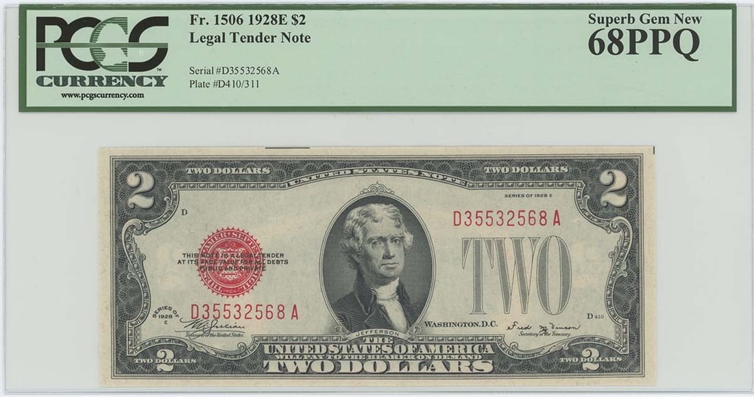 1928E $2 Legal Tender Note FR#1506 PCGS 68 Superb Gem: 1928E $2 Legal Tender Note FR#1506 PCGS 68 Superb Gem This is a 1928 $2 Legal Tender Note, designated as FR#1506. It boasts a superb gem grade of MS68, certified by PCGS Currency with certification nu