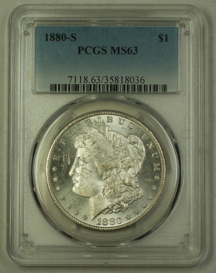 PCGS MS-63 1880-S Morgan Silver Dollar Uncirculated San Francisco Mint: PCGS MS-63 1880-S Morgan Silver Dollar Uncirculated San Francisco Mint This is an 1880-S Morgan Silver Dollar $1 coin from the United States, minted in San Francisco. The coin is composed of silver an