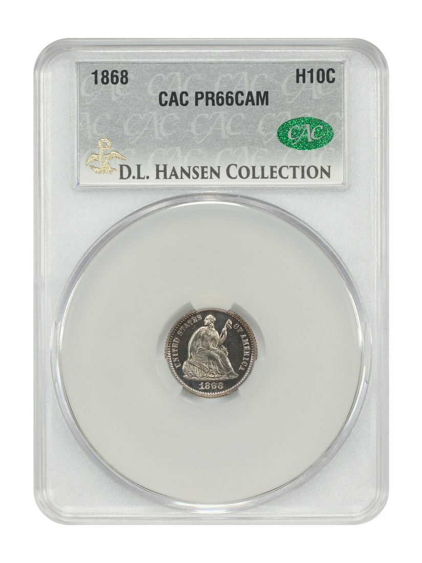 1868 Liberty Seated Half Dime CACG PR66CAM ex D.L. Hansen: 1868 Liberty Seated Half Dime CACG PR66CAM ex D.L. Hansen An exceptional 1868 Liberty Seated Half Dime, CACG graded PR66CAM and noted as ex: D.L. Hansen. This superb gem cameo proof from the Philadelp