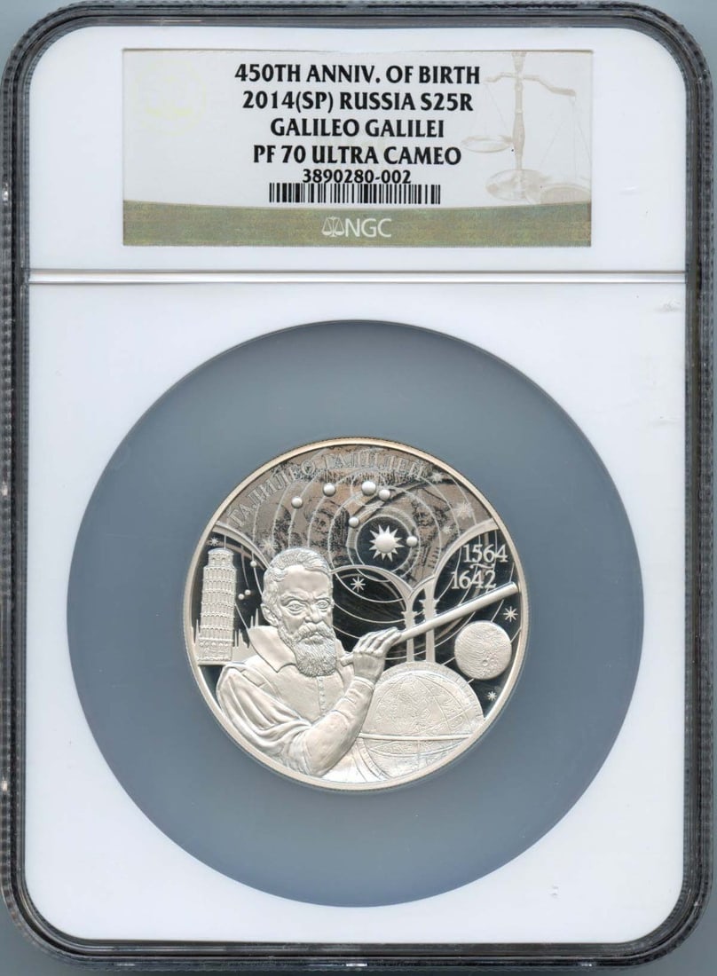 2014 Russia Galileo Galilei S25R NGC PR70DCAM Uncirculated Coin: 2014 Russia Galileo Galilei S25R NGC PR70DCAM Uncirculated Coin This 2014 Russia Galileo Galilei S25R coin is graded PR70 by NGC, indicating its pristine uncirculated condition. The coin showcases exc
