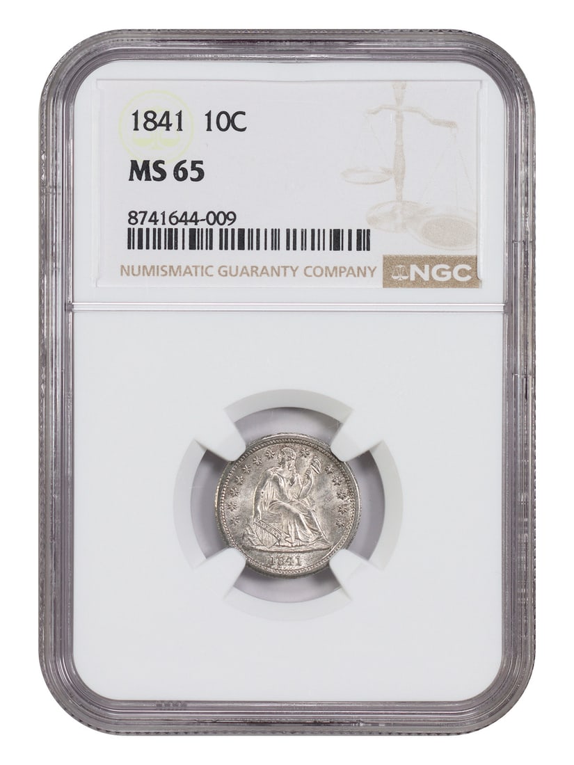 1841 Liberty Seated Dime 10C NGC MS65: 1841 Liberty Seated Dime 10C NGC MS65 1841 Liberty Seated Dime certified by NGC with certification number 8741644009. This uncirculated 10C coin is graded MS65 and was struck at the Philadelphia Mint.