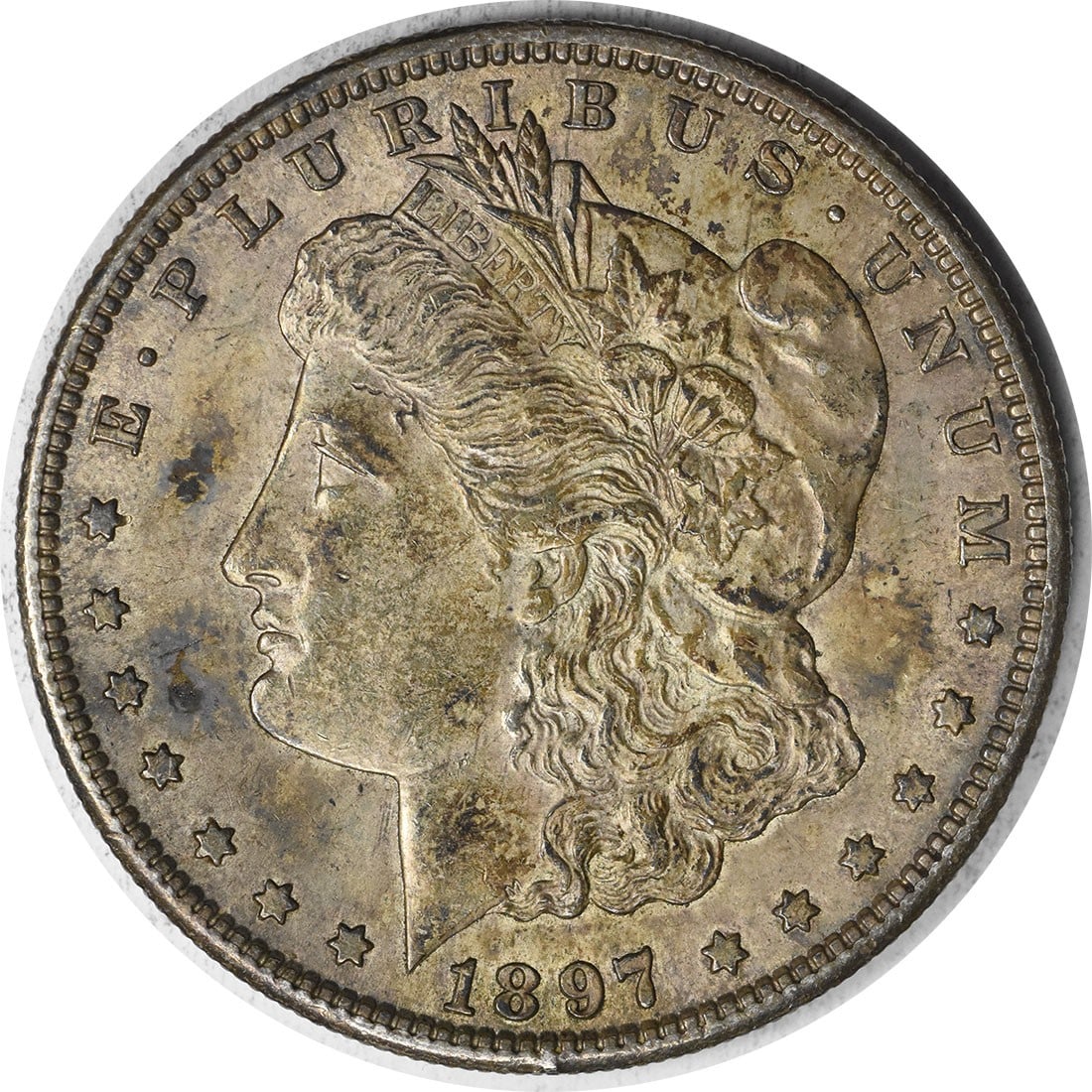 1897 San Francisco Morgan Dollar AU Grade 90 Silver Uncertified Coin: 1897 San Francisco Morgan Dollar AU Grade 90 Silver Uncertified Coin This is an 1897-S Morgan Silver Dollar from the San Francisco Mint. The coin is circulated and graded as About Uncirculated (AU), f