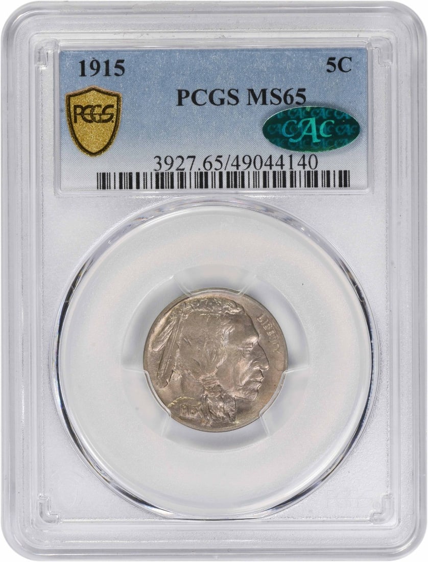 1915 United States Buffalo Nickel PCGS MS65 With CAC Endorsement: 1915 United States Buffalo Nickel PCGS MS65 With CAC Endorsement This 1915 Buffalo Nickel is certified by PCGS with a grade of MS65 and features CAC approval. The coin is composed of nickel and is unc