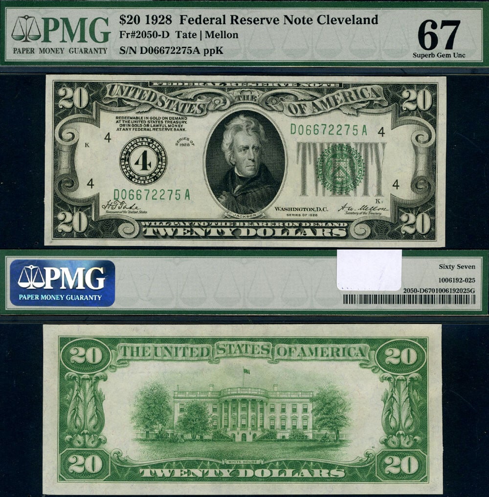 1928 $20 Federal Reserve Note Cleveland D-A Block PMG CU67 (1 of 1)