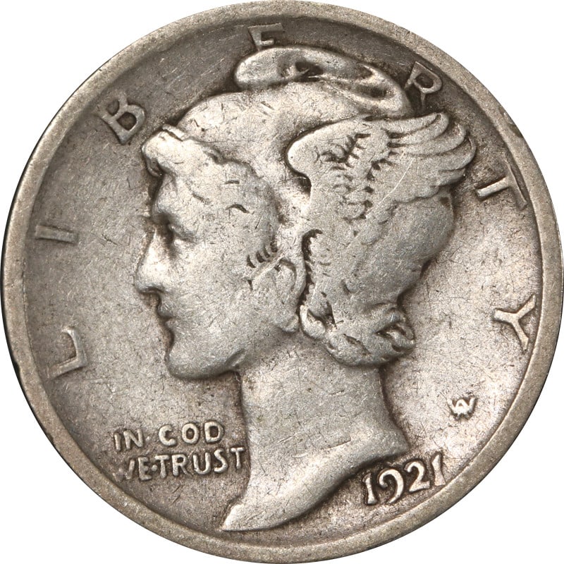 1921 P Silver Mercury Dime United States Coin: 1921 P Silver Mercury Dime United States Coin 1921-P Mercury Dime from the United States, composed of silver with 0.9 fineness. The coin is circulated, pre-owned, and uncertified. Specifications Item 