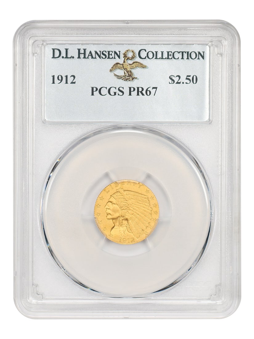 1912 Indian $2.50 Proof Gold Coin PCGS PR67 ex D.L. Hansen: 1912 Indian $2.50 Proof Gold Coin PCGS PR67 ex D.L. Hansen 1912 $2.50 Indian Head gold proof from Philadelphia, certified by PCGS as PR67. This is an extraordinary condition rarity from a small produc