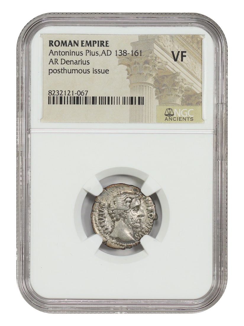 NGC VF Ancient Roman AR Denarius of Antoninus Pius Posthumous: NGC VF Ancient Roman AR Denarius of Antoninus Pius Posthumous Ancient Roman AR Denarius of Antoninus Plus (AD 138-161), identified as a posthumous issue and certified NGC VF. This pre-owned coin offer