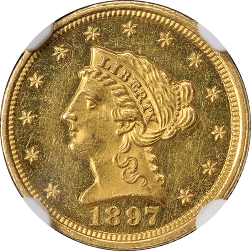 1897 Liberty Head Gold Quarter Eagle Proof NGC PF61 Cameo: 1897 Liberty Head Gold Quarter Eagle Proof NGC PF61 Cameo This 1897 Liberty Gold $2.50 coin is a proof specimen graded NGC PF61 Cameo. It features the Liberty design and showcases nice luster, strong 
