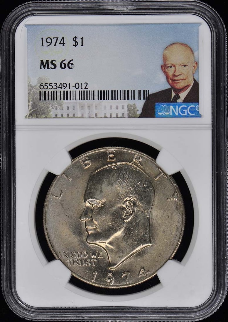 1974 NGC MS66 Eisenhower Dollar Uncirculated Ike Coin: 1974 NGC MS66 Eisenhower Dollar Uncirculated Ike Coin This 1974 Eisenhower Dollar is certified by NGC with a grade of MS66, indicating its uncirculated condition. Minted in Philadelphia, this coin is 