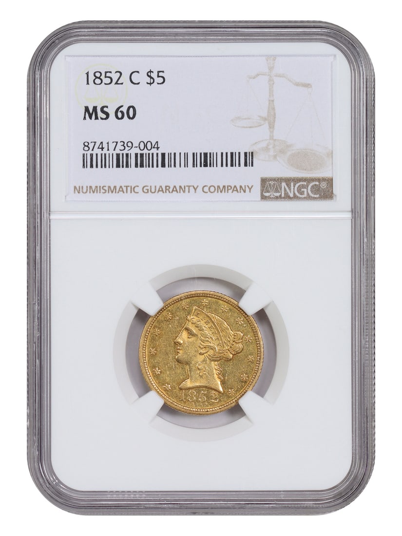 1852-C Charlotte Liberty Head Half Eagle $5 NGC MS60: 1852-C Charlotte Liberty Head Half Eagle $5 NGC MS60 1852-C Liberty Head $5 half eagle certified by NGC in MS60. This uncirculated Charlotte issue is described as an impressive and attractive BU speci