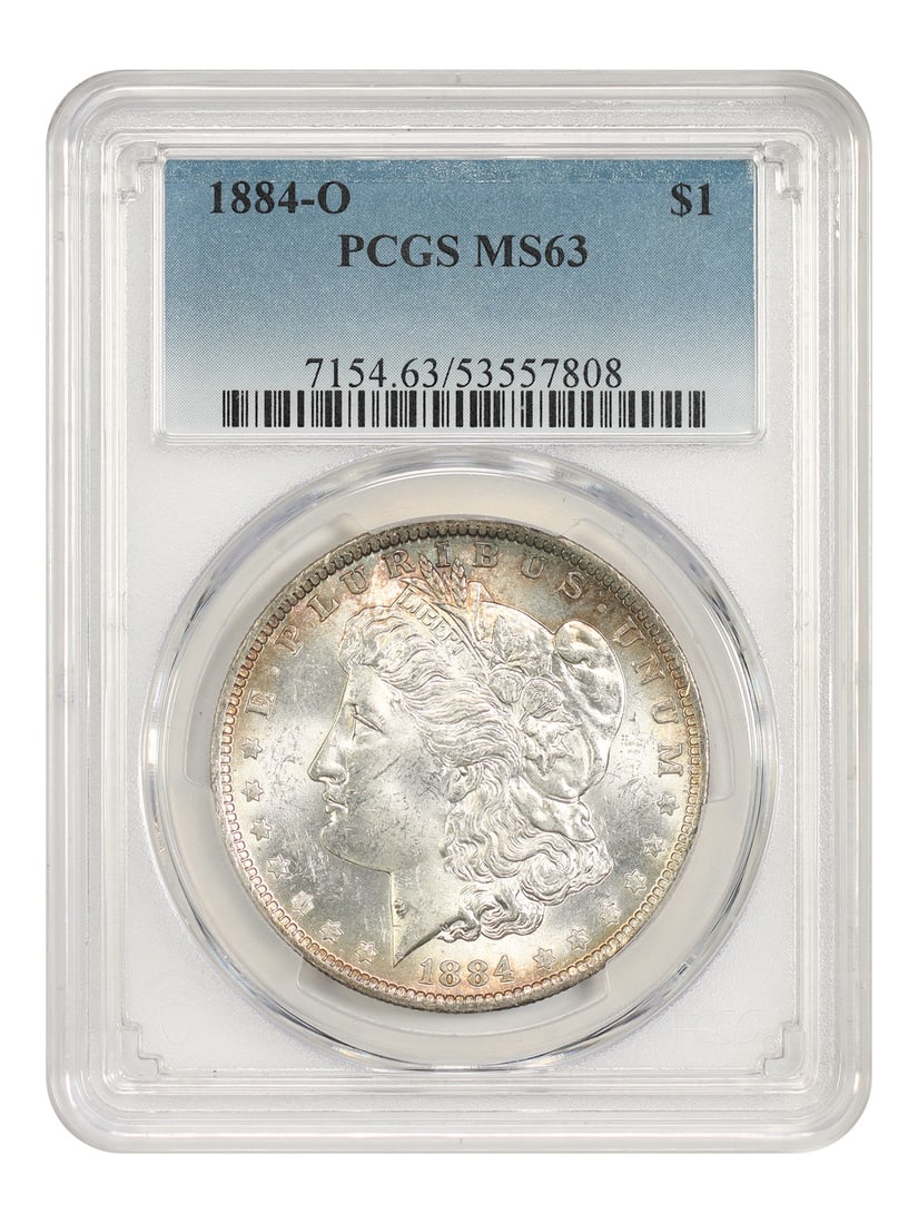 PCGS MS63 1884 O Morgan Silver Dollar $1: PCGS MS63 1884 O Morgan Silver Dollar $1 An 1884-O Morgan Dollar graded PCGS MS63. This uncirculated $1 coin was minted in New Orleans and is identified by certification number 53557808. Condition is 