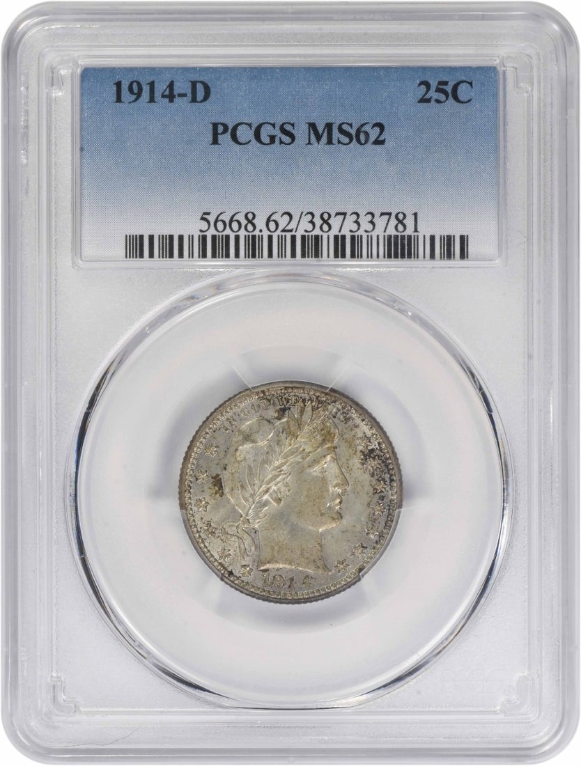 PCGS MS62 Barber 25C 1914 Denver Mint Silver Quarter Coin: PCGS MS62 Barber 25C 1914 Denver Mint Silver Quarter Coin This is a 1914-D Barber Quarter graded MS62 by PCGS. Struck at the Denver Mint, this uncirculated coin is composed of 90% silver and 10% coppe