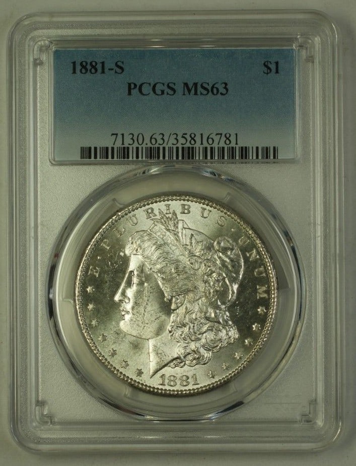 PCGS MS 63 Graded 1881 San Francisco Morgan Silver Dollar: PCGS MS 63 Graded 1881 San Francisco Morgan Silver Dollar This is an 1881-S United States Morgan Silver Dollar coin, certified by PCGS with a grade of MS-63. Minted in San Francisco, this uncirculated