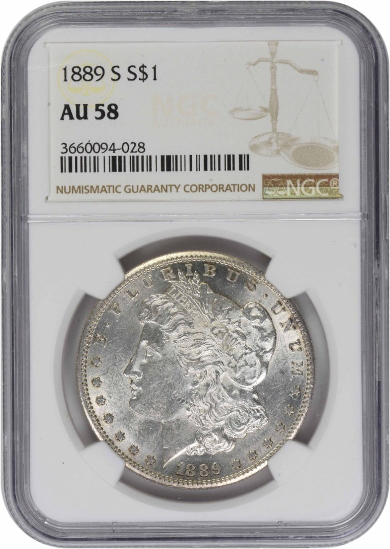 AU58 Graded 1889 San Francisco Morgan Dollar Certified by NGC: AU58 Graded 1889 San Francisco Morgan Dollar Certified by NGC This 1889-S Morgan Silver Dollar is graded AU58 by NGC. Minted in San Francisco, this pre-owned coin is composed of 90% silver and 10% cop