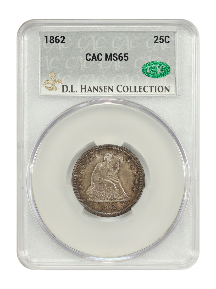 1862 Liberty Seated Quarter 25C MS65 CACG ex D.L. Hansen: 1862 Liberty Seated Quarter 25C MS65 CACG ex D.L. Hansen 1862 Liberty Seated Quarter, graded MS65 by CACG. This uncirculated Philadelphia issue is a challenging No Motto example, offered in superb gem