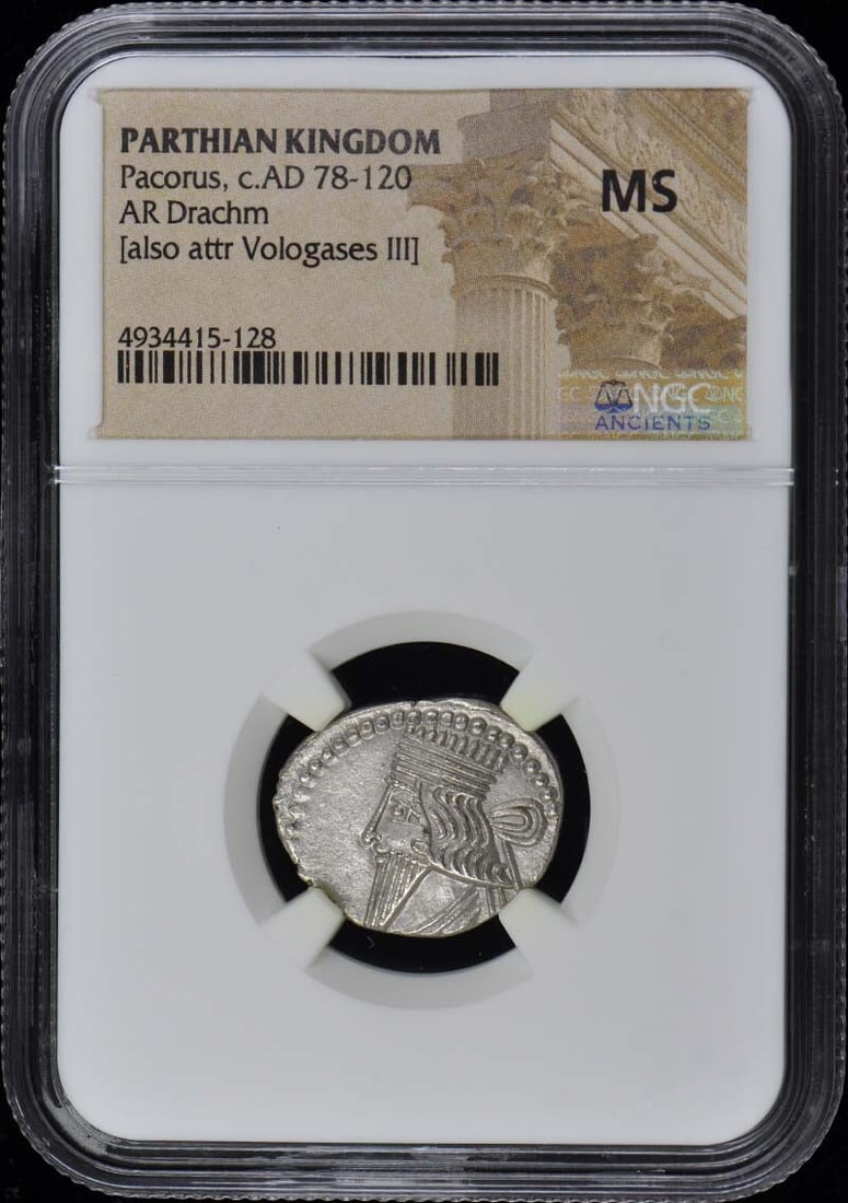 Pacorus AR Drachm c.AD 78-120 NGC MS60 Certified Coin: Pacorus AR Drachm c.AD 78-120 NGC MS60 Certified Coin This is a silver drachm from the Parthian Kingdom, issued during the reign of King Pacorus around AD 78-120. The coin has been certified by NGC an