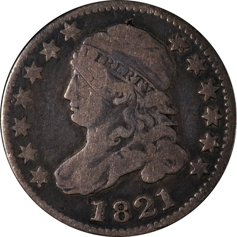Silver Dime United States 1821 Bust Circulated Coin: Silver Dime United States 1821 Bust Circulated Coin This is an 1821 Bust Dime from the United States, composed of silver. The coin is circulated and uncertified, with a pre-owned condition. Specificat
