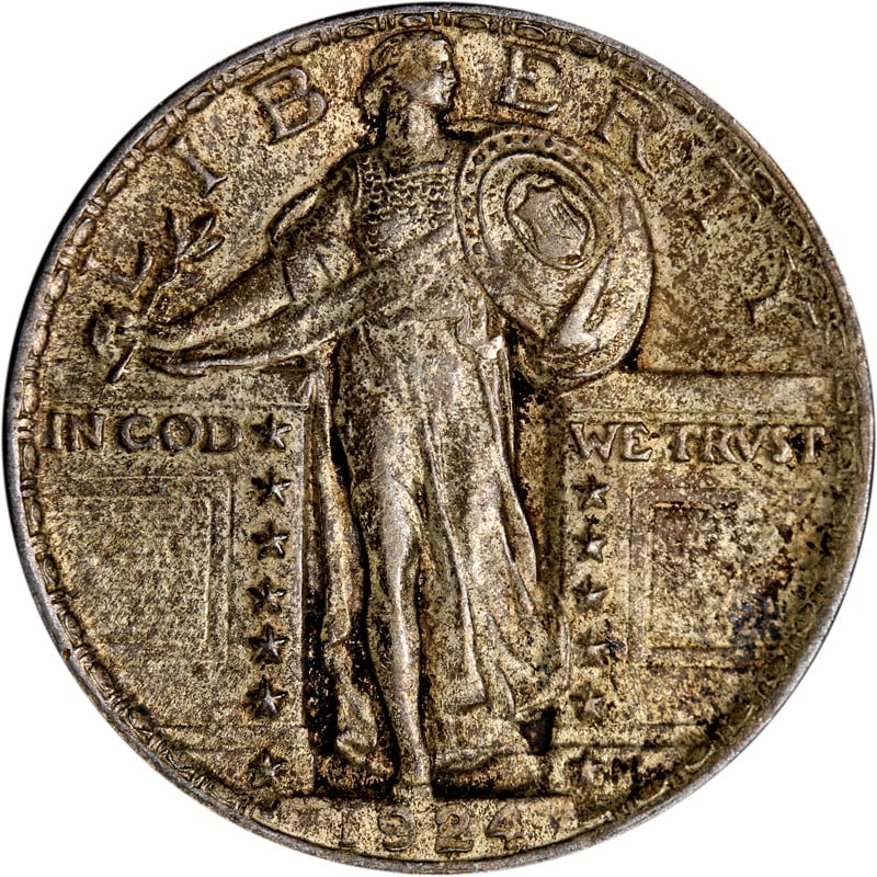 1924 Philadelphia Silver Standing Liberty Quarter with Distinct Patina: 1924 Philadelphia Silver Standing Liberty Quarter with Distinct Patina This is a 1924-P Standing Liberty Quarter from the United States, minted in Philadelphia. The coin is composed of silver and is i