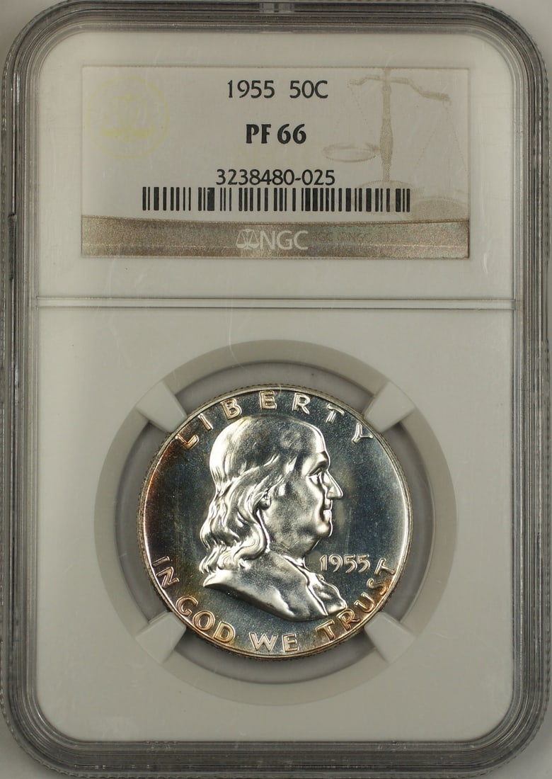 NGC PF-66 1955 Proof Silver 50c Franklin Half Dollar Light Toning: NGC PF-66 1955 Proof Silver 50c Franklin Half Dollar Light Toning This 1955 Franklin Silver Half Dollar is a proof coin graded PF-66 by NGC. The coin features a lightly toned finish and is composed of