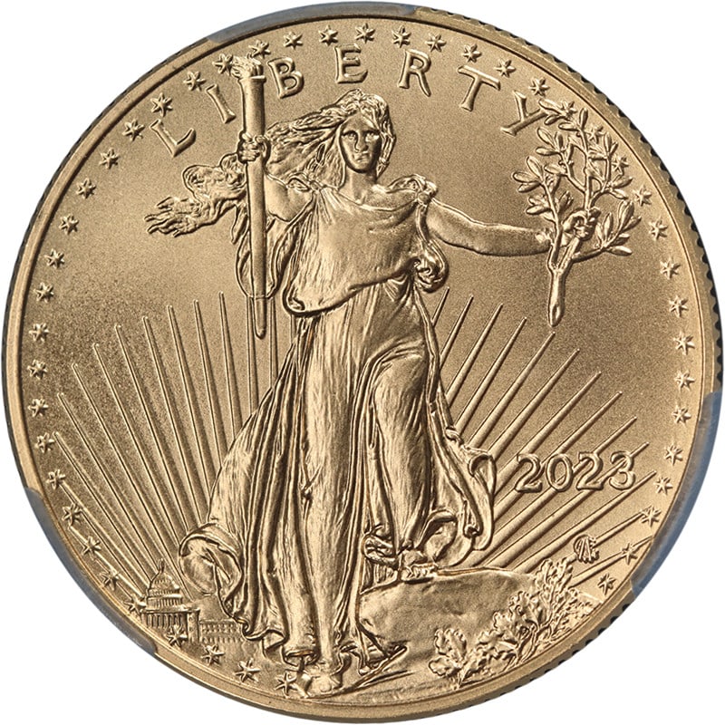 2023 $25 Gold American Eagle Coin MS70 CAC Certified: 2023 $25 Gold American Eagle Coin MS70 CAC Certified This 2023 Gold American Eagle $25 coin is graded MS70 by CAC, indicating a flawless uncirculated condition. The coin features superb eye appeal, br