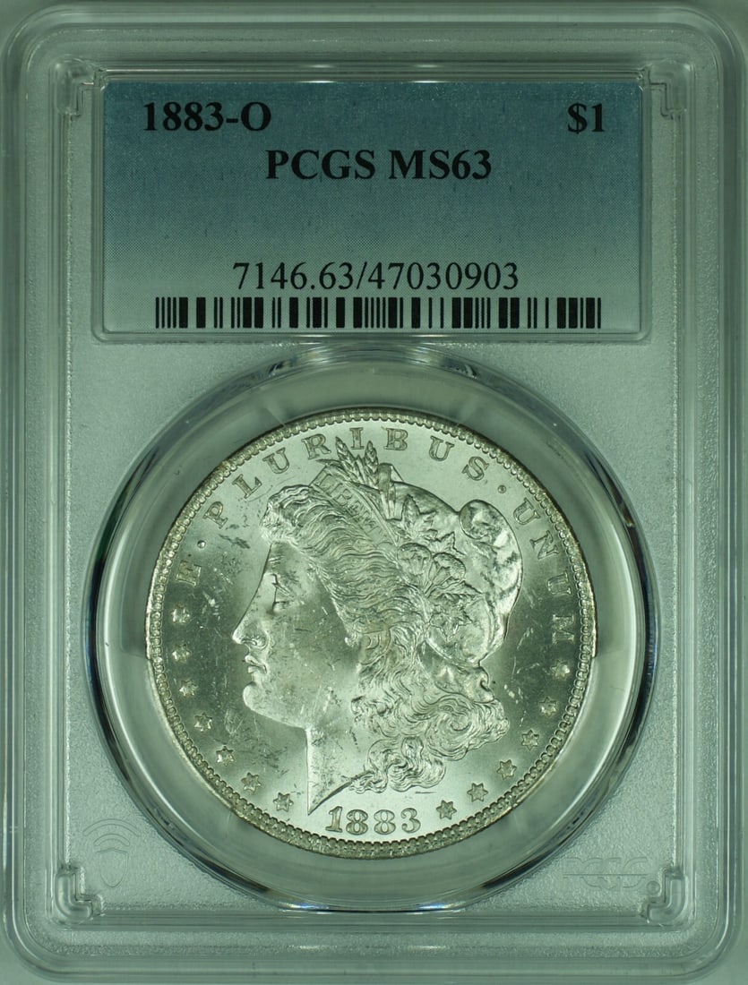 PCGS MS-63 1883-O Morgan Dollar Silver Coin from New Orleans Mint: PCGS MS-63 1883-O Morgan Dollar Silver Coin from New Orleans Mint This 1883-O Morgan Silver Dollar coin is certified by PCGS with a grade of MS-63. Minted in New Orleans, it is composed of 90% silver 
