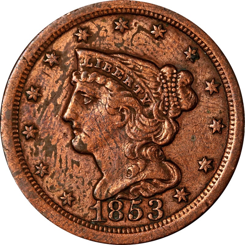 1853 United States Copper Braided Hair Half Cent Coin: 1853 United States Copper Braided Hair Half Cent Coin This is an 1853 Braided Hair Half Cent struck in copper. The coin is circulated and originates from the United States. It is uncertified and offer
