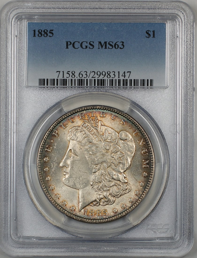 1885 $1 Morgan Dollar Silver Coin PCGS MS63 Philadelphia Toned Example: 1885 $1 Morgan Dollar Silver Coin PCGS MS63 Philadelphia Toned Example This 1885 Morgan Silver Dollar is certified by PCGS with a grade of MS 63. The coin is composed of silver, was minted in Philadel