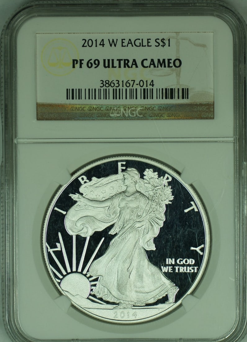 NGC PF 69 Ultra Cameo 2014-W Proof Silver Eagle Dollar Coin: NGC PF 69 Ultra Cameo 2014-W Proof Silver Eagle Dollar Coin This 2014-W American Proof Silver Eagle is a $1 commemorative coin graded by NGC as PF 69 Ultra Cameo. The coin is uncirculated and features