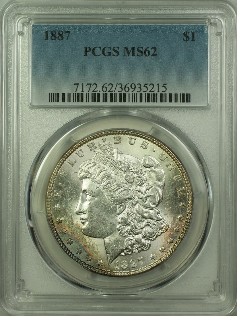 PCGS MS-62 1887 Morgan Dollar Silver Coin Light Toning: PCGS MS-62 1887 Morgan Dollar Silver Coin Light Toning This 1887 Morgan Silver Dollar is graded MS-62 by PCGS and features a lightly toned finish. Struck at the Philadelphia Mint, this uncirculated co