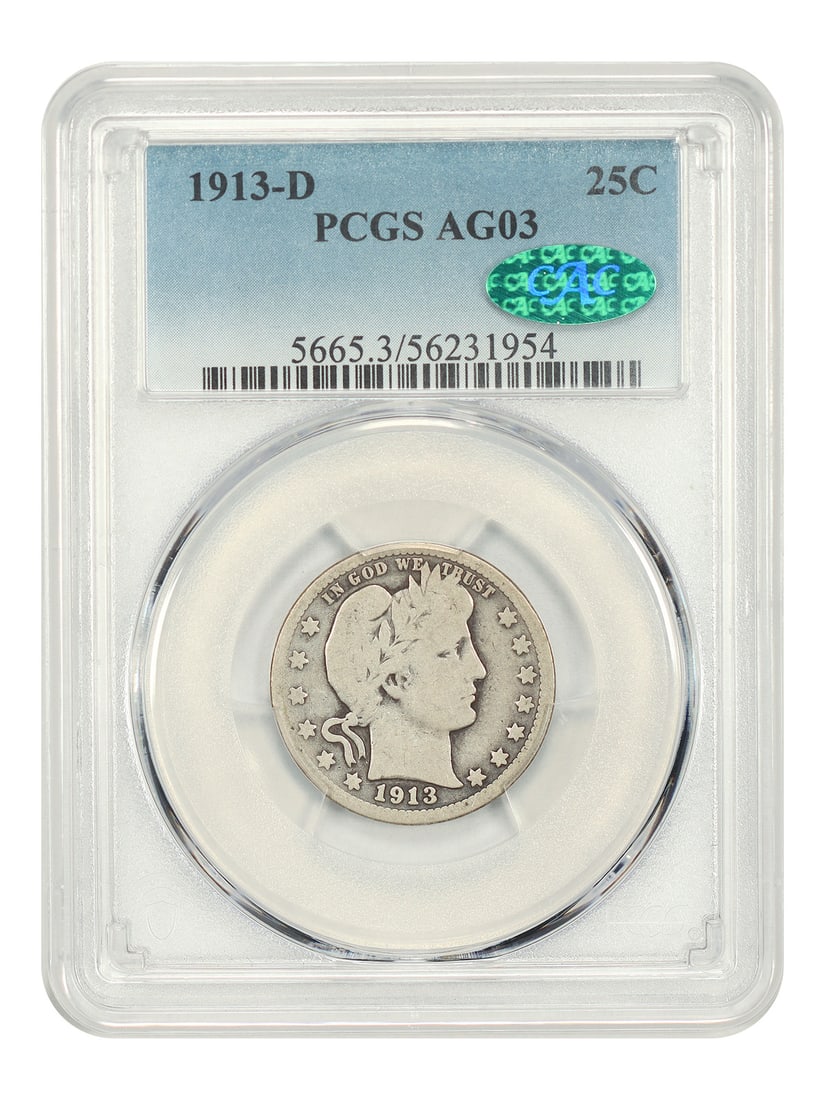 1913 D Barber Quarter 25C PCGS CAC AG03 Denver Mint: 1913 D Barber Quarter 25C PCGS CAC AG03 Denver Mint 1913-D Barber Quarter, denomination 25C, struck in Denver and certified by PCGS with certification number 56231954. The coin is circulated and pre-o