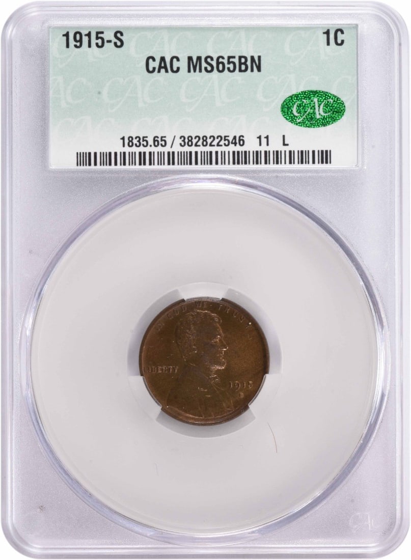 1915 S Lincoln Wheat Cent MS65 Brown CACG: 1915 S Lincoln Wheat Cent MS65 Brown CACG This 1915-S Lincoln Wheat Cent is an uncirculated copper coin from the United States, graded MS65 by CACG. It features the "S" mint mark, indicating it was st