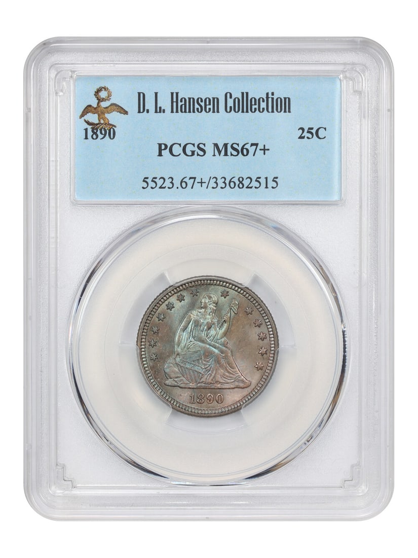 Liberty Seated Quarter 1890 25C PCGS MS67+ ex D.L. Hansen: Liberty Seated Quarter 1890 25C PCGS MS67+ ex D.L. Hansen An 1890 Liberty Seated Quarter certified by PCGS and graded MS67+. This Philadelphia-minted 25C issue comes from a low mintage of just 80,000 