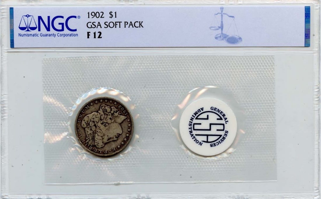 1902 Philadelphia Morgan Silver Dollar NGC F12 GSA Soft Pack: 1902 Philadelphia Morgan Silver Dollar NGC F12 GSA Soft Pack This 1902 Morgan Dollar is a circulated coin certified by NGC with a grade of F12. It originates from the Philadelphia Mint and is presente