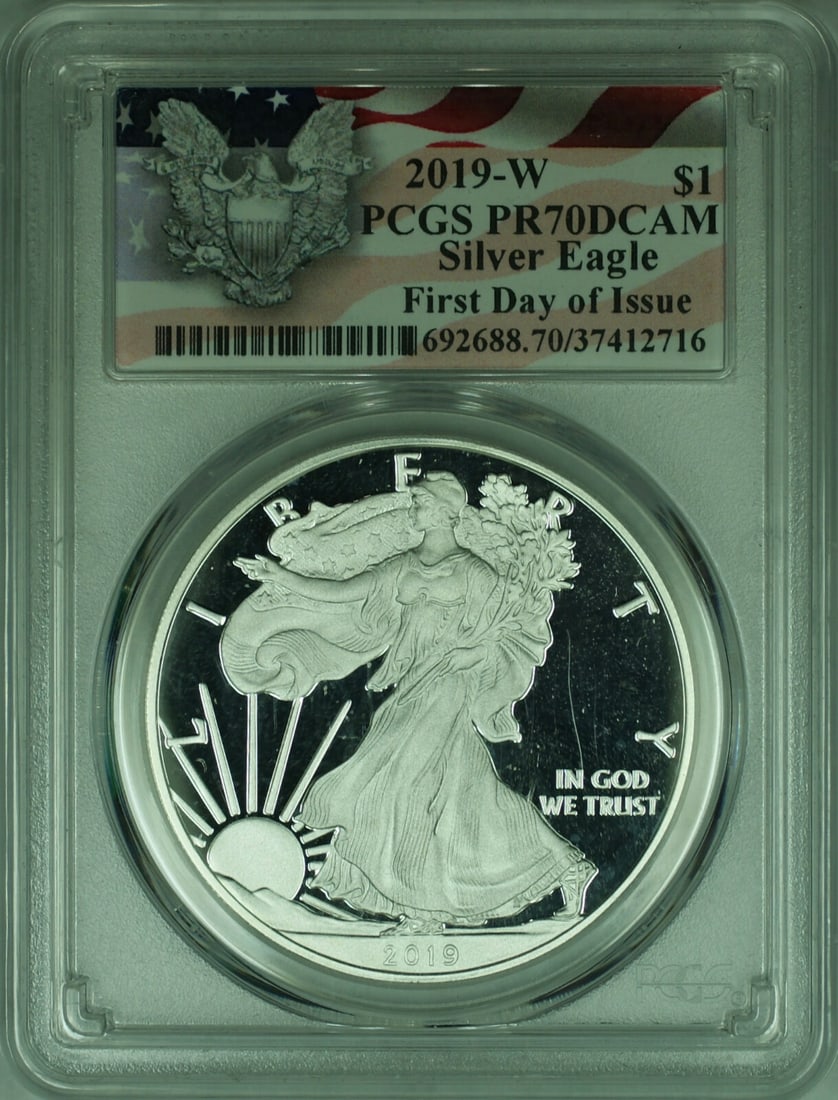 PCGS PR-70 Proof 2019 Silver Eagle West Point First Day Issue: PCGS PR-70 Proof 2019 Silver Eagle West Point First Day Issue This 2019-W American Silver Eagle is a proof coin graded PR-70 DCAM by PCGS, indicating a flawless condition. It was issued as a First Day