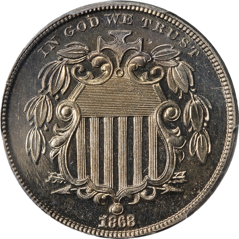 1868 Shield Nickel PCGS PR65 CAC Certified Proof Coin: 1868 Shield Nickel PCGS PR65 CAC Certified Proof Coin An original 1868 Shield Nickel certified by PCGS and graded PR65 with CAC sticker. The coin is described as having superb eye appeal, fantastic lu
