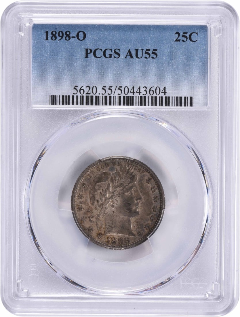PCGS AU55 1898 O Barber Silver Quarter: PCGS AU55 1898 O Barber Silver Quarter This 1898-O Barber Silver Quarter is graded AU55 by PCGS. Struck in silver, this circulated coin features the classic Barber design and originates from the New O