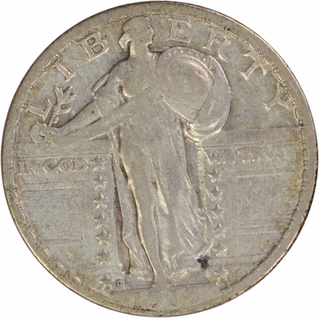 1918 Denver Mint Standing Liberty Quarter 90 Percent Silver VF Grade Uncertified: 1918 Denver Mint Standing Liberty Quarter 90 Percent Silver VF Grade Uncertified This is a 1918-D Standing Liberty silver quarter from the Denver Mint. Designed by Hermon A. Mac Neil, this circulated 