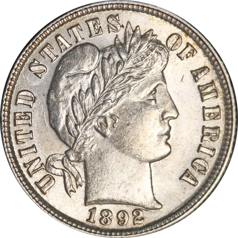 1892 Philadelphia Silver Barber Dime United States Coin: 1892 Philadelphia Silver Barber Dime United States Coin This 1892-P Barber Dime is a circulated silver coin from the United States, featuring a fineness of 0.9. It is uncertified and comes from the Ph