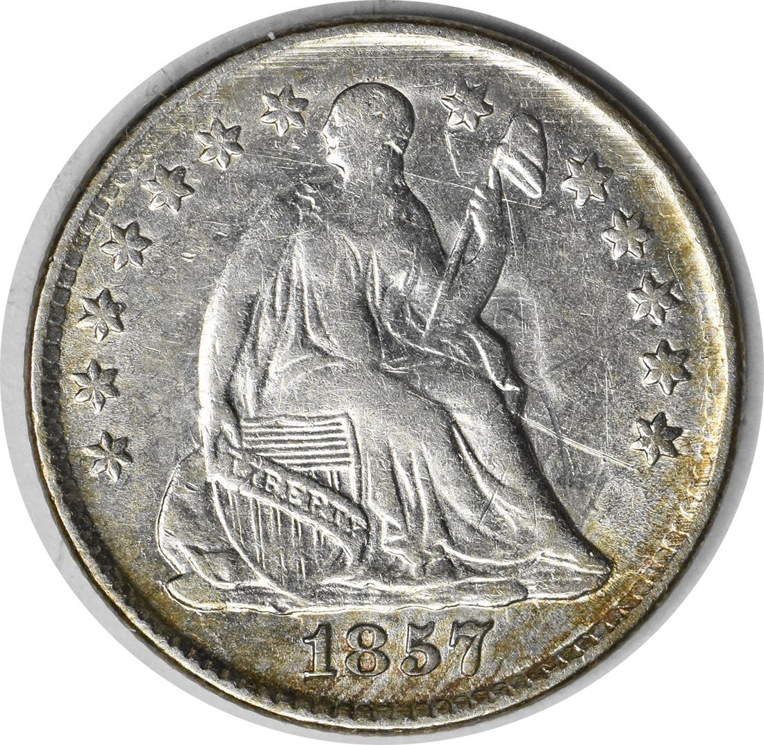 1857 Seated Half Dime Silver AU Uncertified: 1857 Seated Half Dime Silver AU Uncertified This 1857 Liberty Seated Silver Half Dime is a circulated coin from the United States. Featuring the classic Seated Liberty design, this pre-owned half dime