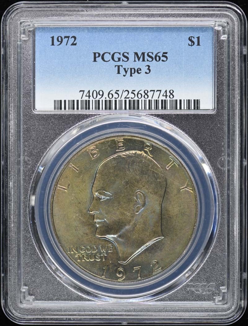 1972 PCGS MS65 Uncirculated Type 3 Ike Dollar Philadelphia: 1972 PCGS MS65 Uncirculated Type 3 Ike Dollar Philadelphia This 1972 $1 Type 3 Ike Dollar is a remarkable coin certified by PCGS with a grade of MS65, indicating its uncirculated status. Minted in Phi